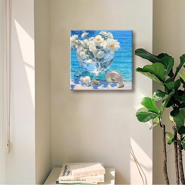weiyiart Blue Ocean Wall Art Canvas Print Coastal Beach Painting with White Flowers & Shell Oil Painting Seascape Picture Decor for Living Room, Bedroom 24x24 inch