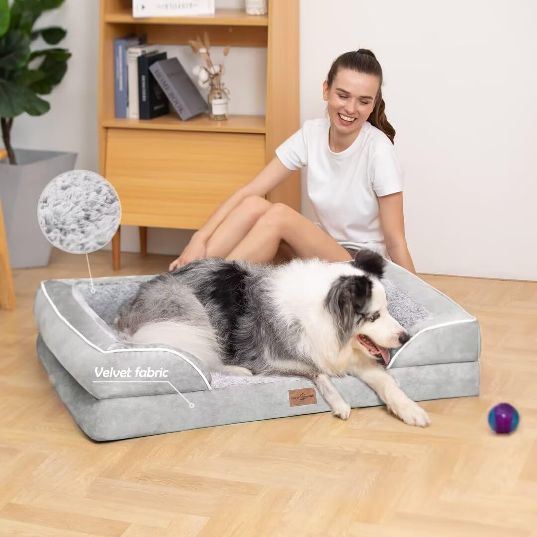 Comfort Expression XXL Dog Beds Waterproof for Extra Large Dogs, Orthopedic Memory Foam Dog Bed for Giant Dogs, Washable Pet Sofa Couch with Bolster & Removable Cover(XX-Large,Light Grey)