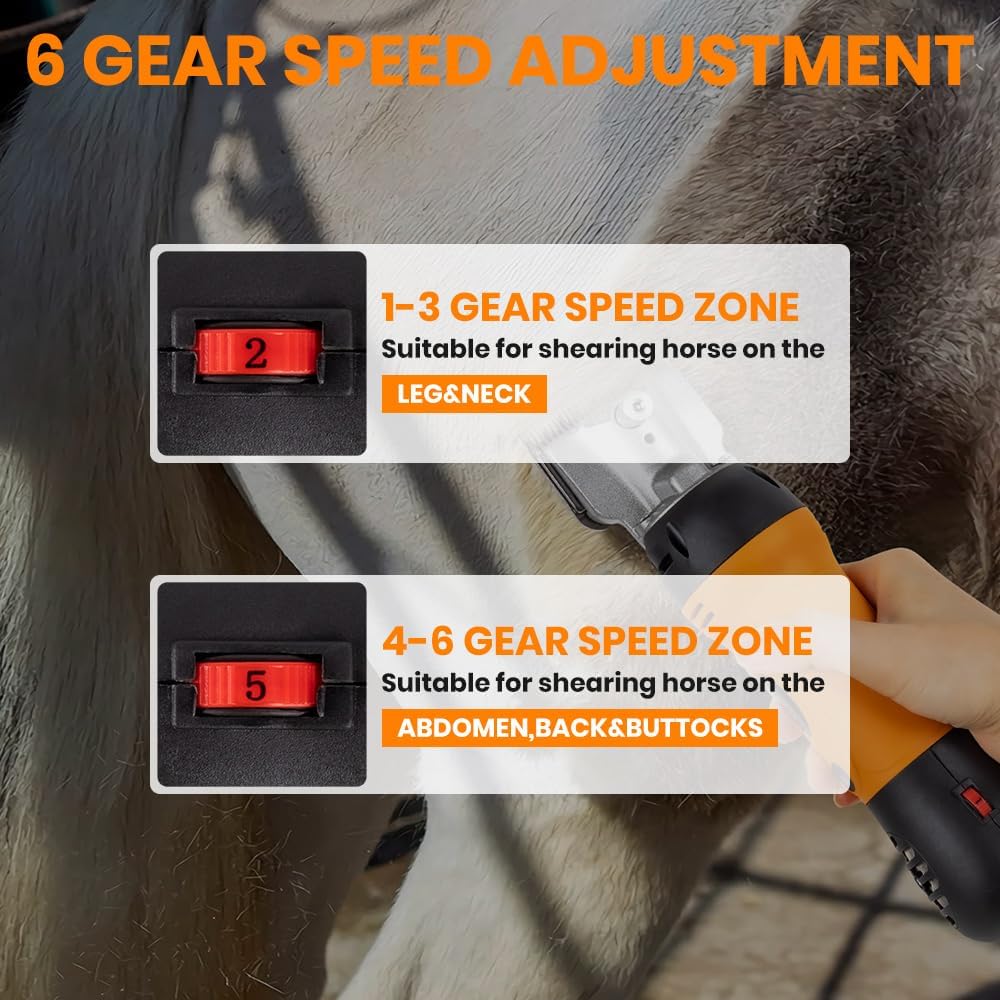 Horse Clippers Professional Electric horse Grooming Kit, Shaving Equine Clippers for Horses Goat Cattle Thick Coat Animals, 6 Speeds Large Heavy Duty Farm Livestock Haircut Trimmer (600W, 2 Blades)