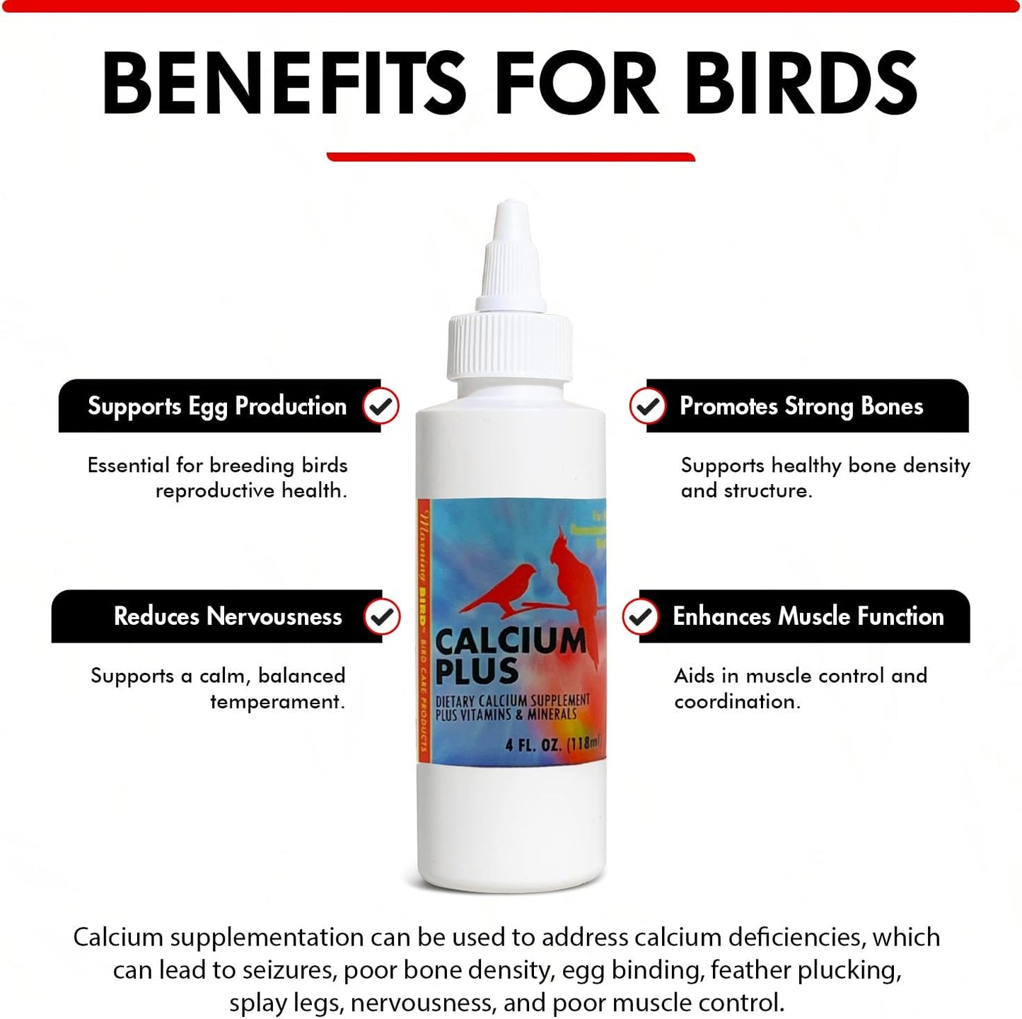Morning Bird Calcium Plus Liquid Supplement for Birds - Liquid Calcium Formula with Magnesium and Vitamin D3 Calcium Supplement for All Birds – 4 Fl Oz