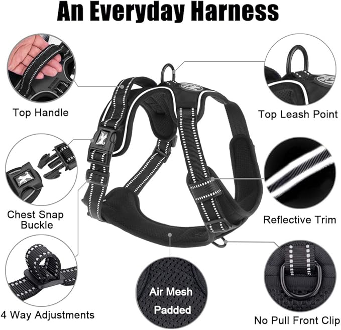 PoyPet No Pull Dog Harness, Reflective Comfortable Vest Harness with Front & Back 2 Leash Attachments and Easy Control Handle Adjustable Soft Padded Pet Vest for Small to Large Dogs (Black,L)