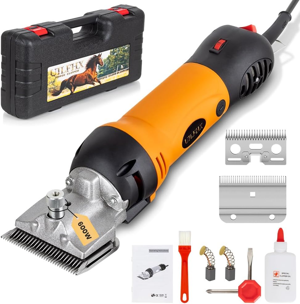 Horse Clippers Professional Electric horse Grooming Kit, Shaving Equine Clippers for Horses Goat Cattle Thick Coat Animals, 6 Speeds Large Heavy Duty Farm Livestock Haircut Trimmer (600W, 2 Blades)
