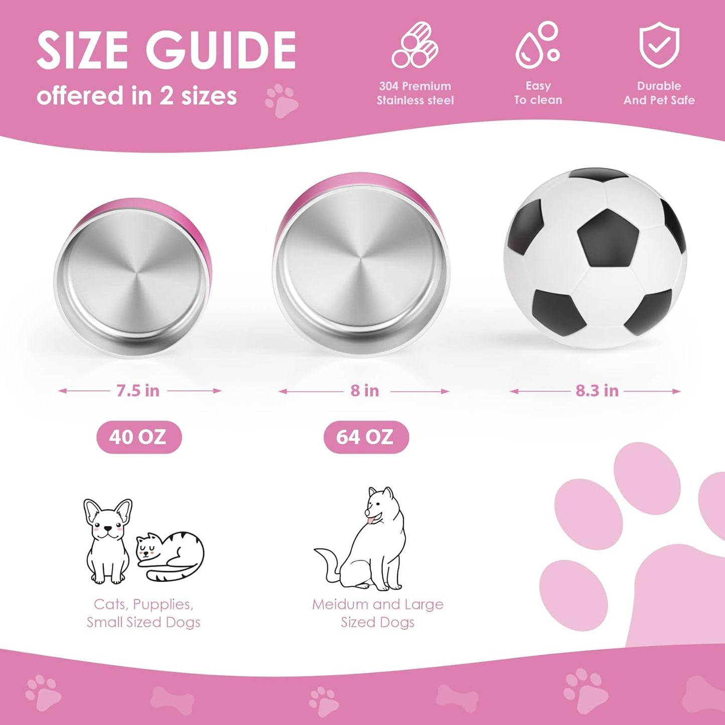 IKITCHEN Dog Bowl for Food and Water, 40 Oz Stainless Steel Pet Feeding Bowl, Durable Non-Skid Double Wall Insulated Heavy Duty with Rubber Bottom for Medium Large Dogs (40 Ounces/5 Cup, Pink)