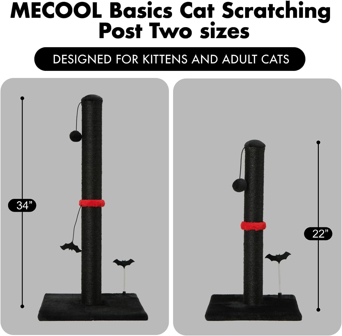 MECOOL Cat Scratching Post Premium Sisal Scratch Posts with Hanging Ball Vertical Scratcher for Indoor Cats and Kittens,Black