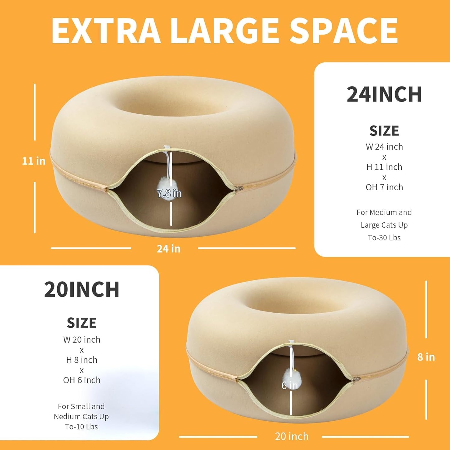 Jia Xi Cat Bed and Hideout, Large Indoor Cat Condo with Tunnel and Cave (24 inch, Beige)