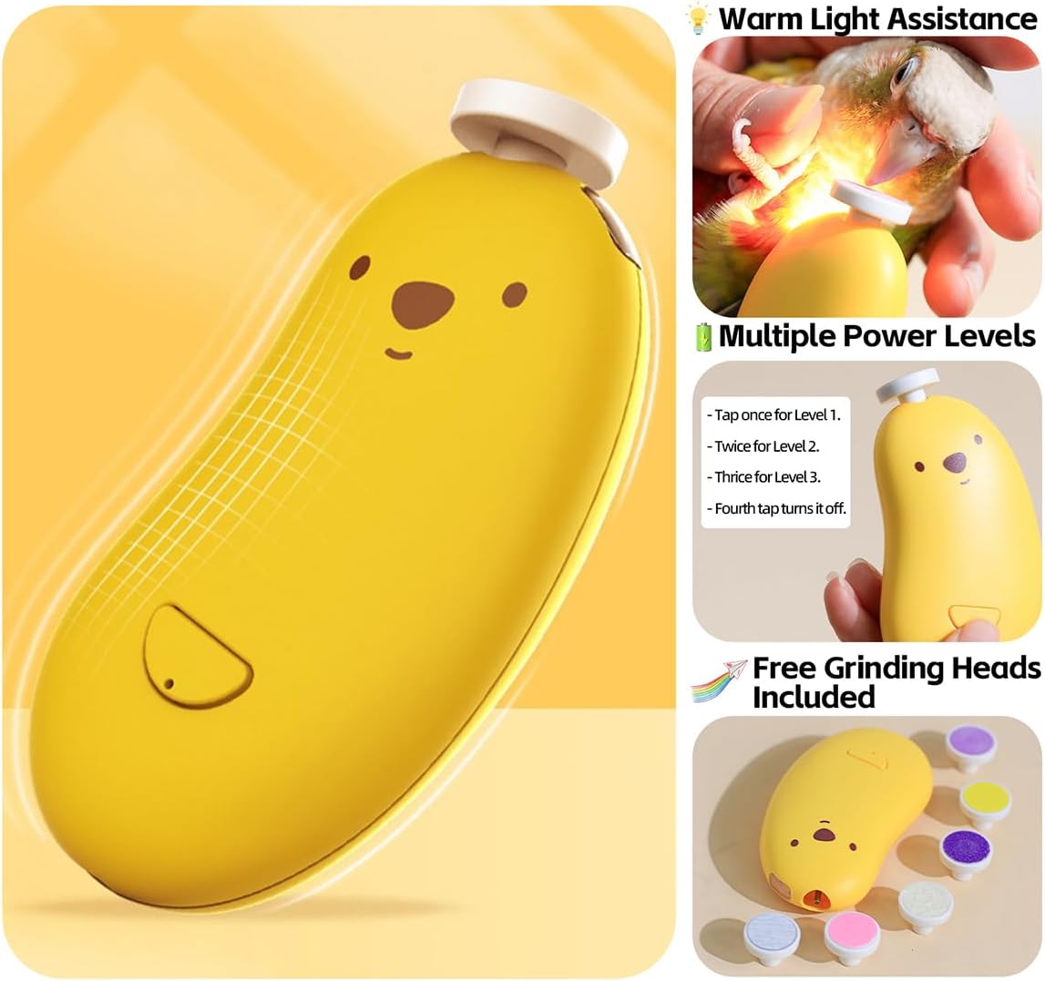MANON ROSA Bird Nail Grinder, Bird Beak Grinder- Safe and Quiet Bird Nail Care Tool, Complete Grooming Kit for Parrots Conures Cockatiels Finches Parakeets, Premium Beak Maintenance (Yellow)
