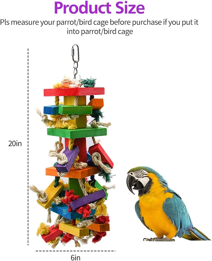 RUBY.Q 3 Pack Large Parrot Toy, 20in Bird Parrot Toy, Multicolor Natural Wooden Bird Chewing Toys for Large Macaws, African Grey and a Variety of Amazon Parrots