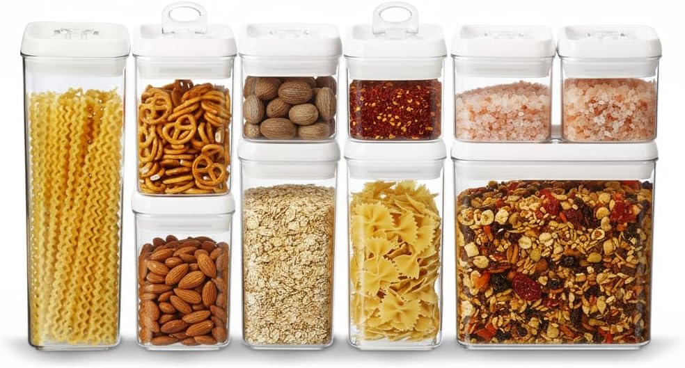 Felli Flip Tite Storage Container with 4 Inch Lid SQUARE & RECTANGLE, Air Tight Ring Seal Top Clear Acrylic Canister Jar, Spice Pasta Cereal Snack Pantry Organizer, Gift Set for Women (10pk, Variety)