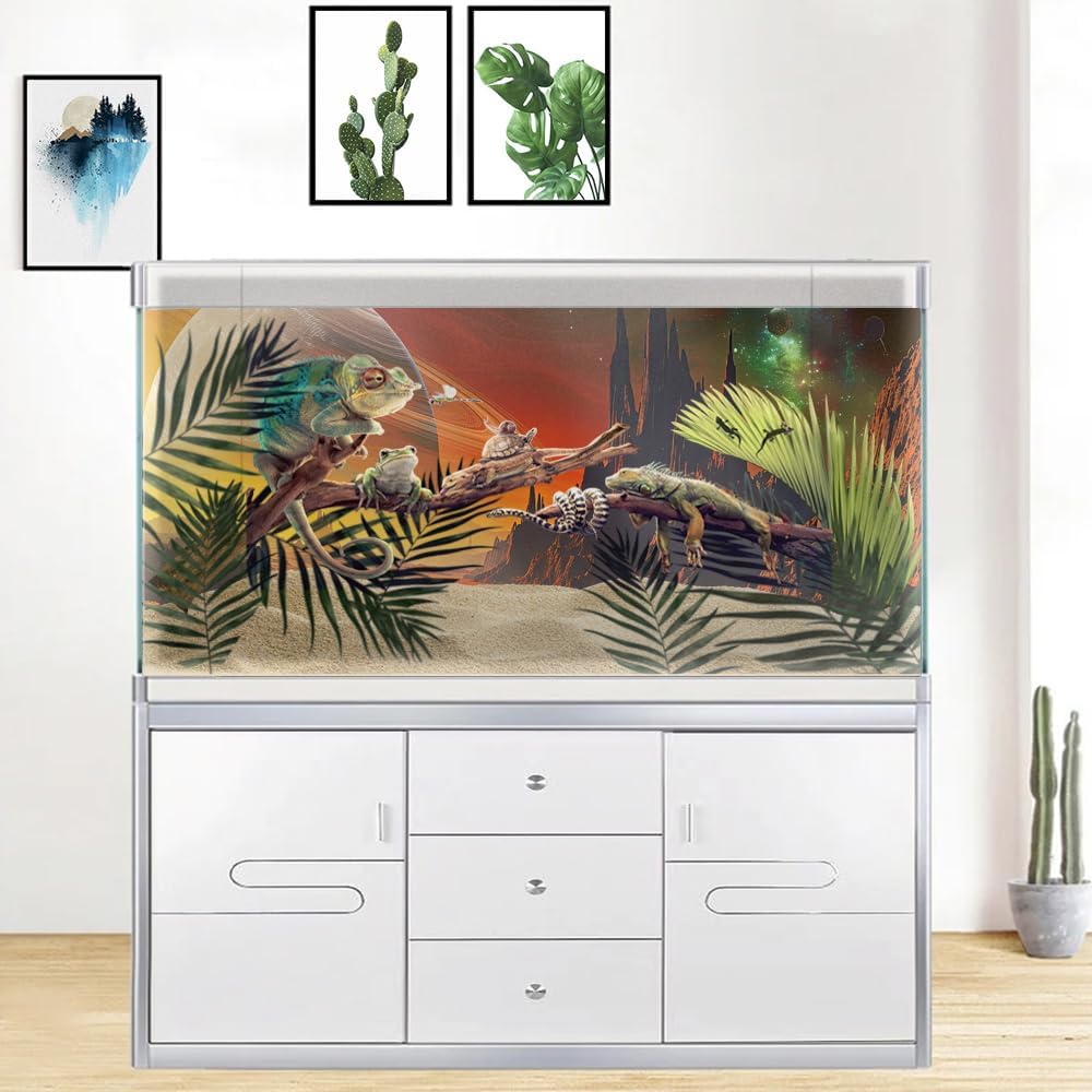 Cosmic Mars Aquarium Background,Galaxy Cool Parallel Space Themed Fish Tank Background, Tropical Desert Terrarium Background 36X18IN with 8 EVA Double-Sided Tape