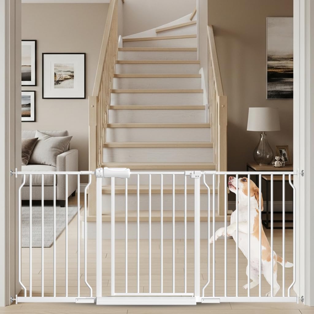 TSAYAWA Walk Through Baby Gate with Door, 62-67 Inch Wide Presure Mounted No Drill Metal Auto Close Child Gate for Stair Doorway - Indoor Outdoor Safty Gate for Toddler Dog Doggie, White