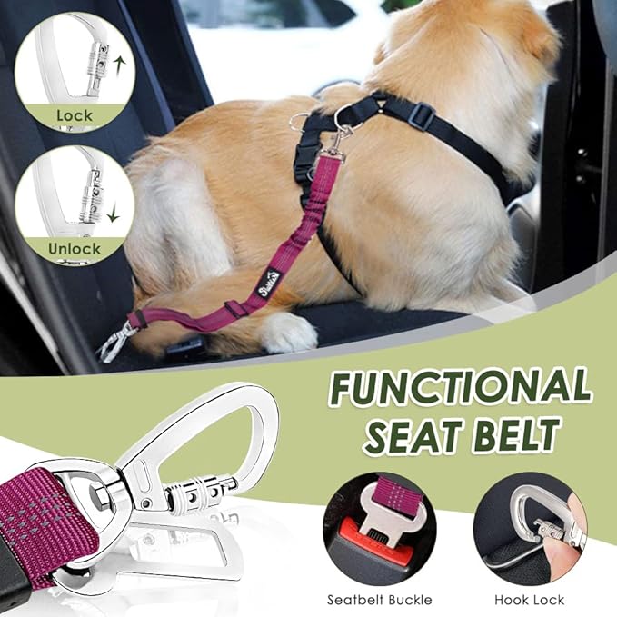 Lukovee Dog Seat Belt for Car, Adjustable Dog Car Harness for Large Medium Small Dogs, Soft Padded & Breathable Mesh Dog Seatbelt with Car Strap and Carabiner(Rose Double Clip,Large)