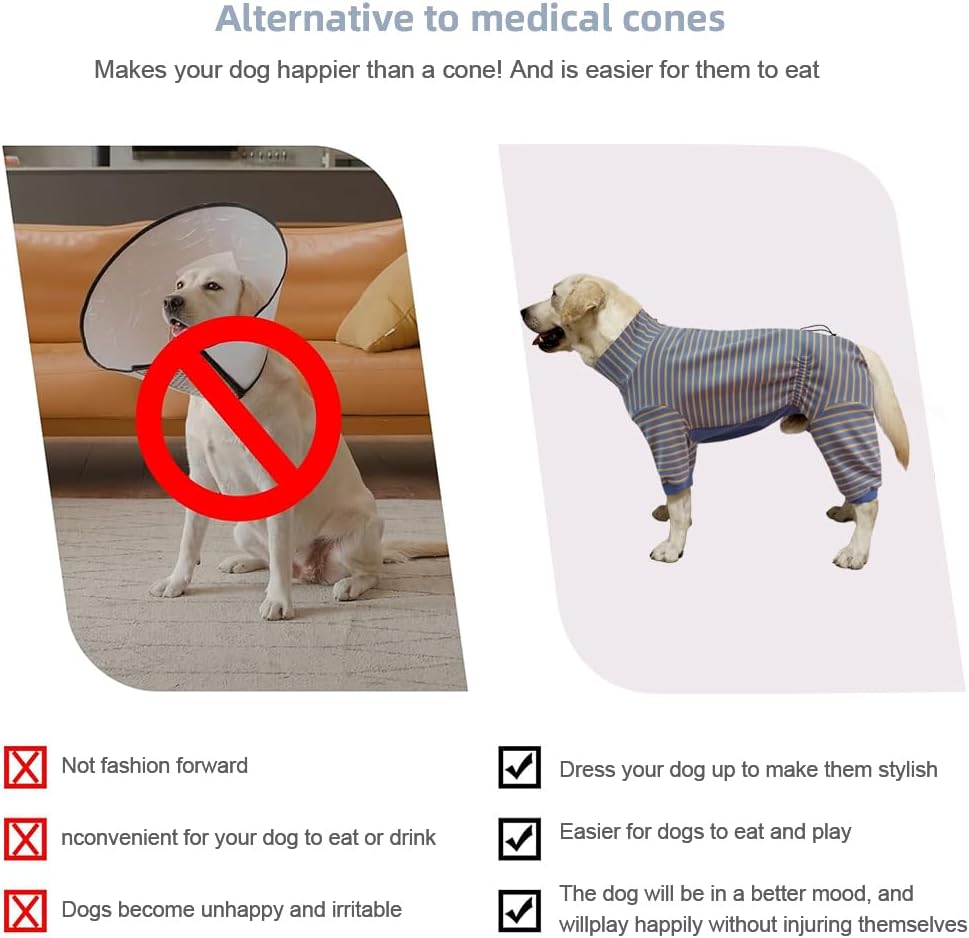 Dog Pyjamas PJS Sweater Clothes and Home Clothing Suitable for Large to Giant Breeds of Dogs, Dog Surgery Recovery Suit, Extra-Large Stretch Fabric, Four-Legged (Thickened Blue Stripes, XL)