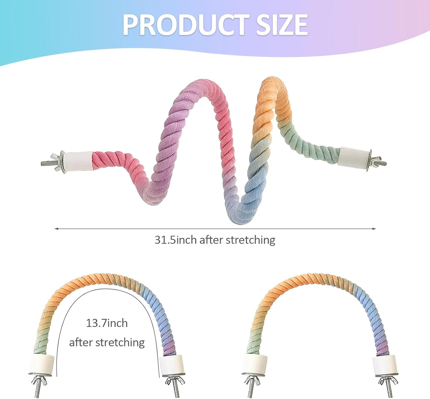 3Pcs Rope Perches for Bird Cages, Gradient Colorful Bendable Climbing Toy for Parrots, Cockatiels, Budgies & More, Bird Swings & Ladders for Medium Birds