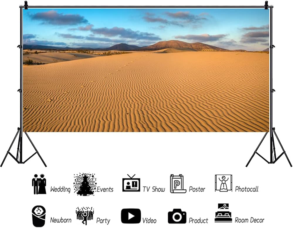 Renaiss 6x3ft Desert Photography Backdrop Golden Ripple Desert Mountain Sand Dunes Blue Sky Gobi Scenery Background Nature Landscape Backgrounds Wilderness Photo Video Shoot Studio Props