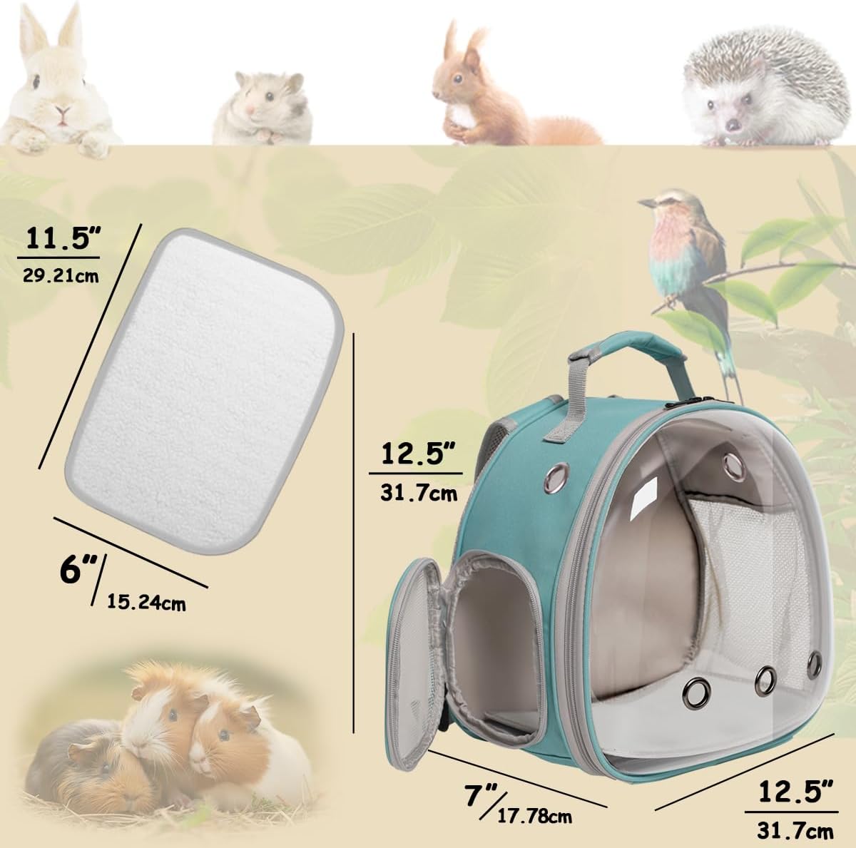 Guinea Pig Backpack Carrier, Bearded Dragon Carrier Backpack with Clear Bubble Window,Small Animal Travel Backpack for Hedgehog Rat,Chameleon,Rabbit,Sugar Glider,Airline Approved (Green, Backpack)