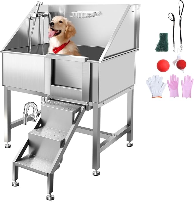 38" Pet Dog Bathing Station W/Ramp, Professional Stainless Steel Dog Grooming Tub W/Floor Grate, Faucet, Dog Bathtub for Large,Medium, Small Pets, Washing Sink for Home,R-RAMP