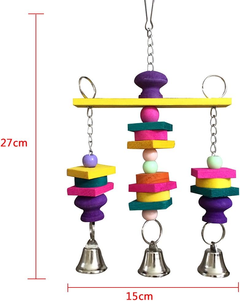 Hypeety Parrot Hanging Swing Bells Chew Toy Colorful Hanging Wood Block Natural Birds Toy for Parrot Macaw African Greys Cockatiels Budgies Conure Cage