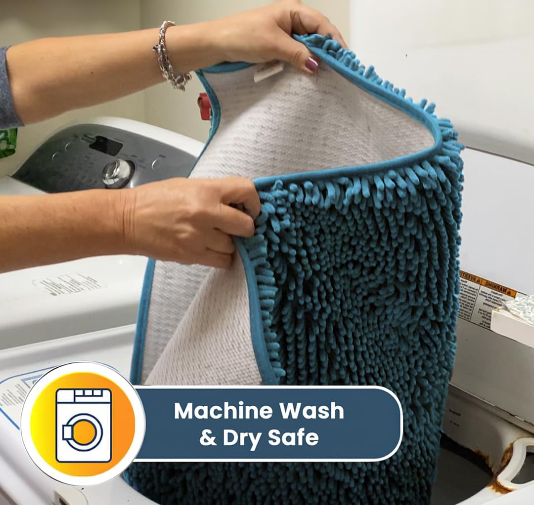 Muddy Mat® AS-SEEN-ON-TV Highly Absorbent Microfiber Door Mat and Pet Rug, Non Slip Thick Washable Area and Bath Mat Soft Chenille for Kitchen Bathroom Bedroom Indoor and Outdoor - Sky Blue 24" x 96"