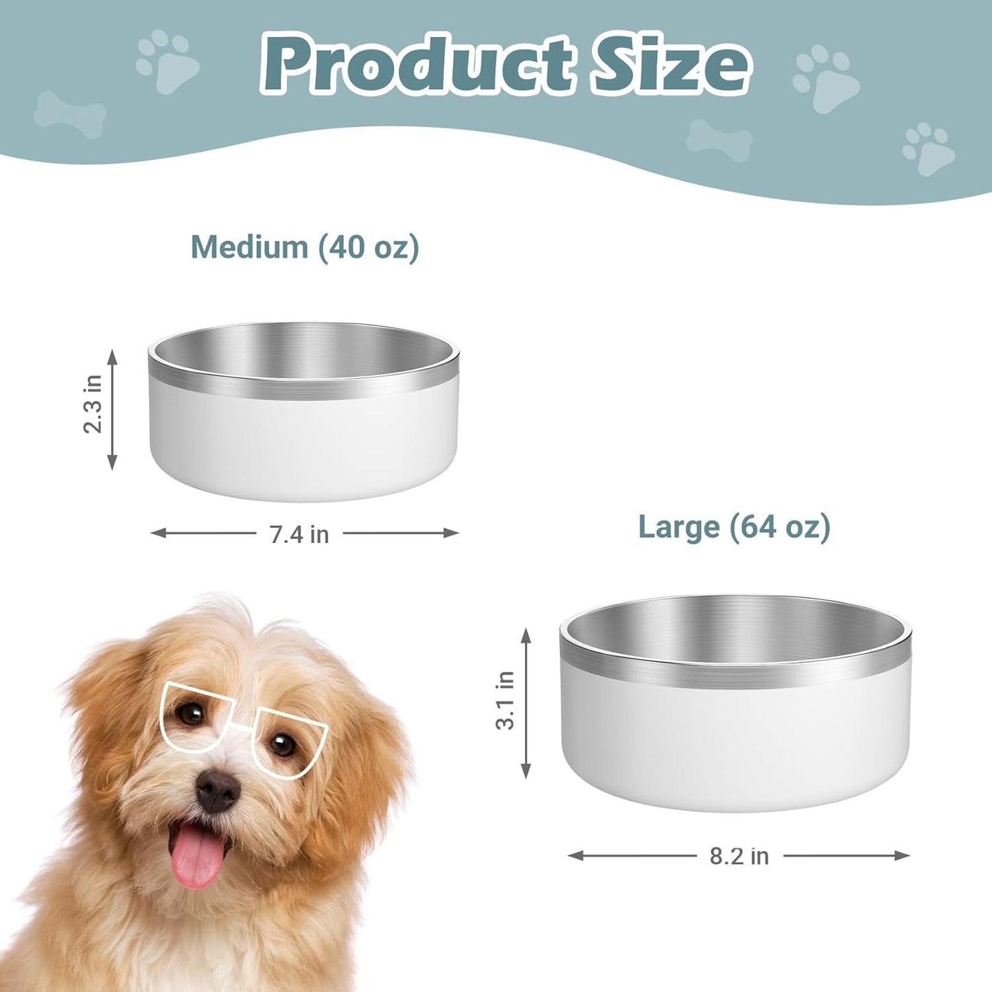 LIANLAI Dog Water Bowl, Rust-Resistant Stainless Steel Dog Bowls, Non-Slip Pet Dishes for Medium Puppys, Double-Walled Puppy Bowls (White,40 oz)