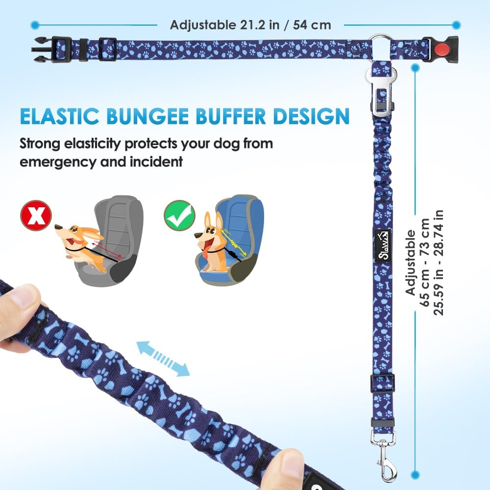 SlowTon Dog Seat Belt for Car, 2 Pack Dog Car Harness Seatbelt Adjustable with Elastic Bungee Buffer, 2 in 1 Pet Car Leash Headrest Restraint Dog Reflective Safety Tether (Blue Paw, Headrest+Clip)