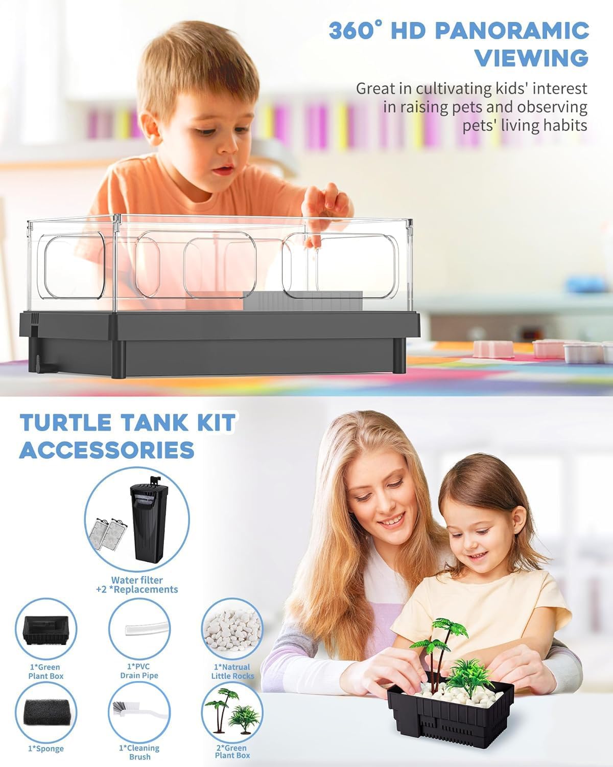 Small Turtle Tank, Aquarium, Acrylic Terrarium with Basking Platform, Bottom Drainage, Multi-Function Areas for Turtles, Crabs, Crayfish, Reptiles.(Black+Filter)