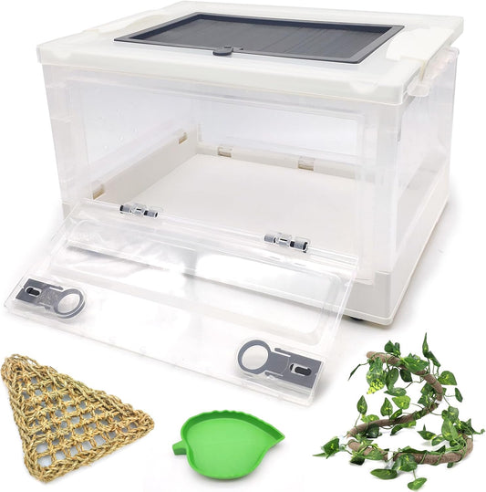 Hamiledyi Collapsible Gecko Tank Starter Kits, Reptile Travel Carrier 15.6" x 11.6" x 9.4" Small Portable Habitat Cages for Leopard Gecko, Bearded Dragon, Snake, Tortoise(White)