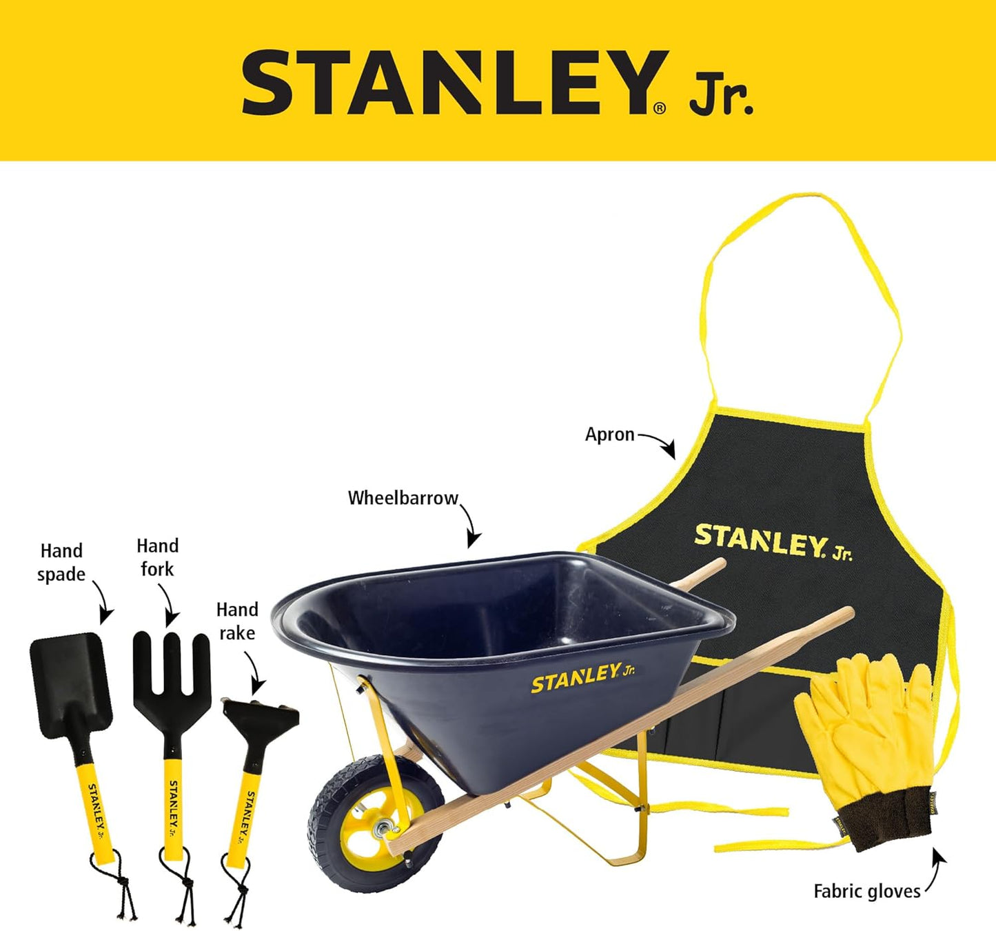 Stanley Jr. Kids Wheelbarrow Set – 6-Piece Durable Toddler Wheelbarrow & Garden Tools – Child Outdoor Toy for Ages 3+ – Fun, Educational Backyard Play with Apron, Gloves & Tools