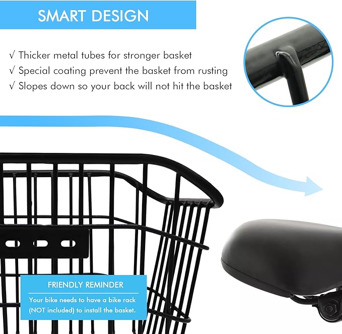 Rear Bike Basket, Tool-Free Install, Dog/Pet Carrier, Ebike Electric Bicycle Back Cargo Basket, Fits Most Rear Racks, with Waterproof Cover, Cargo Net