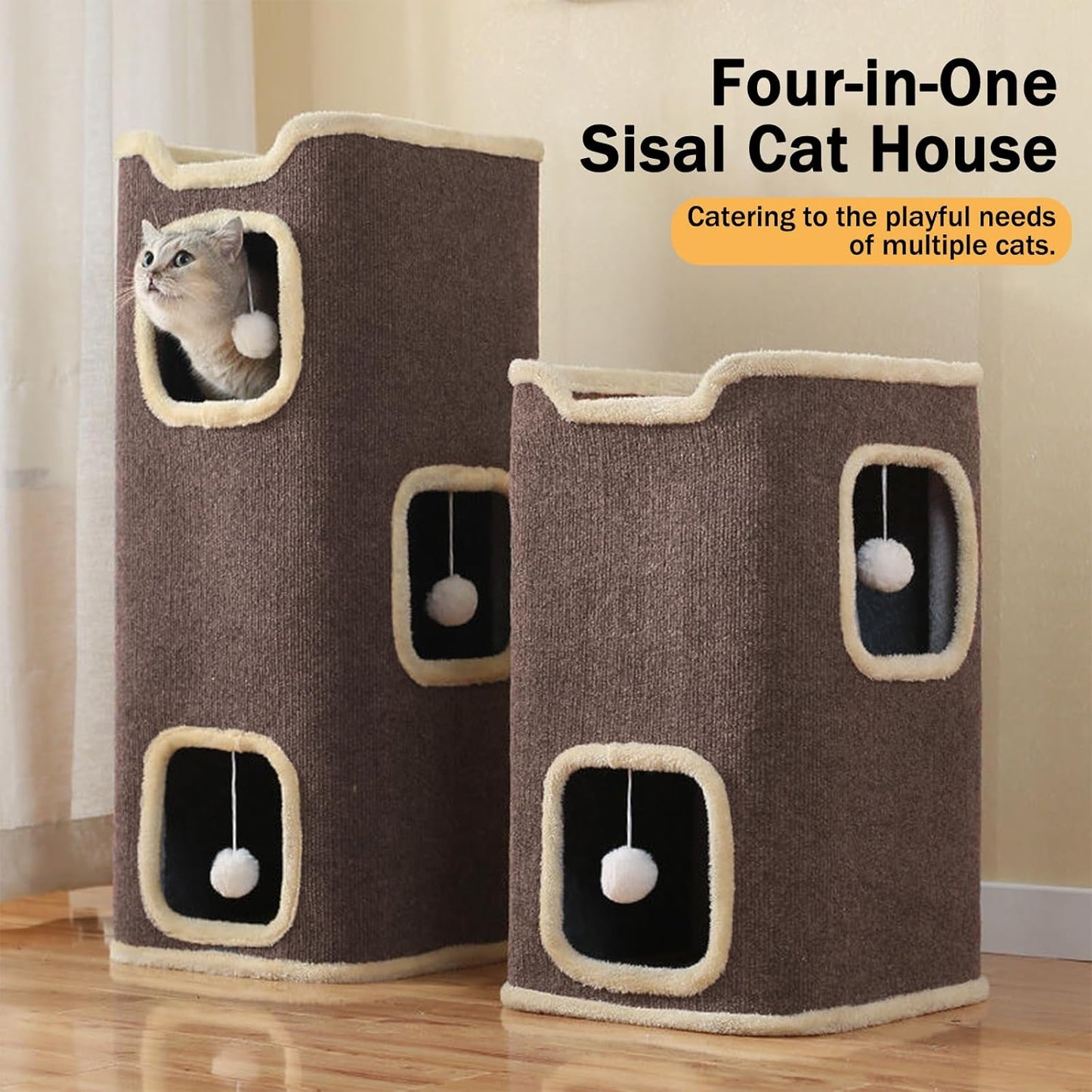 Empet Cat House for Indoor Cats Beds, Multi-Level Cat Condo, Foldable Cave Bed Brown, (3-Level)