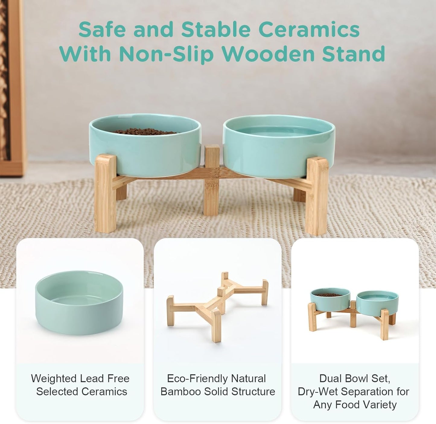 SPUNKYJUNKY Elevated Dog Bowls Ceramic, 5.1'' Dogs and Cat Food Water Bowls Raised with Non-Slip Bamboo Stand for Puppy Small Sized Breed Microwave Dishwasher Safe - 13.5 OZ,Light Green