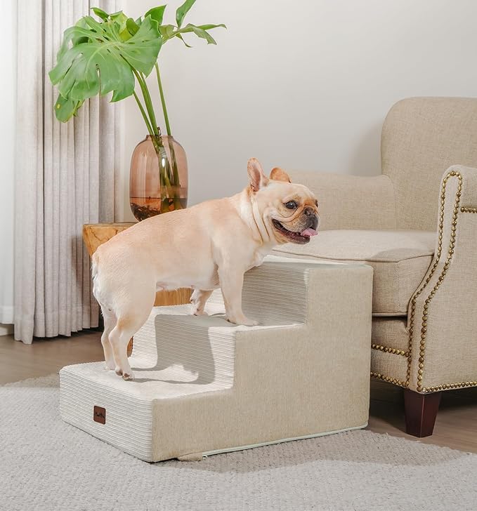Made4Pets Dog Stairs for Small Dogs, Extra Wide Dog Steps for Bed Couch Sofa and Chair, 35D Foam Pet Steps for Small Dogs and Cats, Non-Slip Bottom Pet Stairs, Beige, 3 Steps