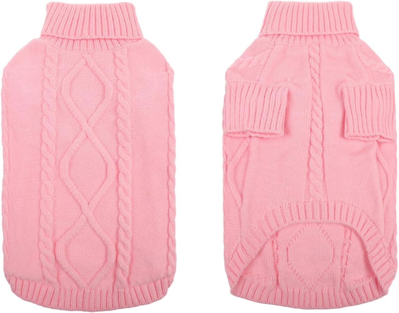 Queenmore Small Dog Pullover Sweater, Cold Weather Cable Knitwear, Classic Turtleneck Thick Warm Clothes for Chihuahua, Bulldog, Dachshund, Pug, Yorkie (Pink, Small)