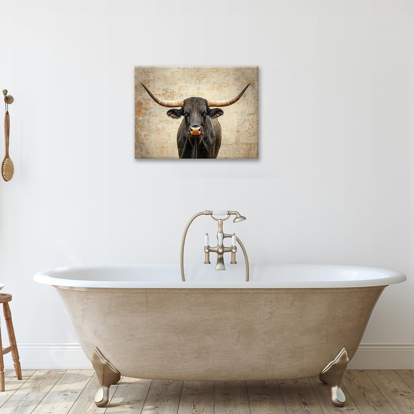 Rustic Highland Cow Pictures Wall Art, Farmhouse Black Cow Bathroom Wall Decor Animal Framed Painting Canvas Artwork for Bathroom Bedroom Living Room Decorations 20"L x 16"W