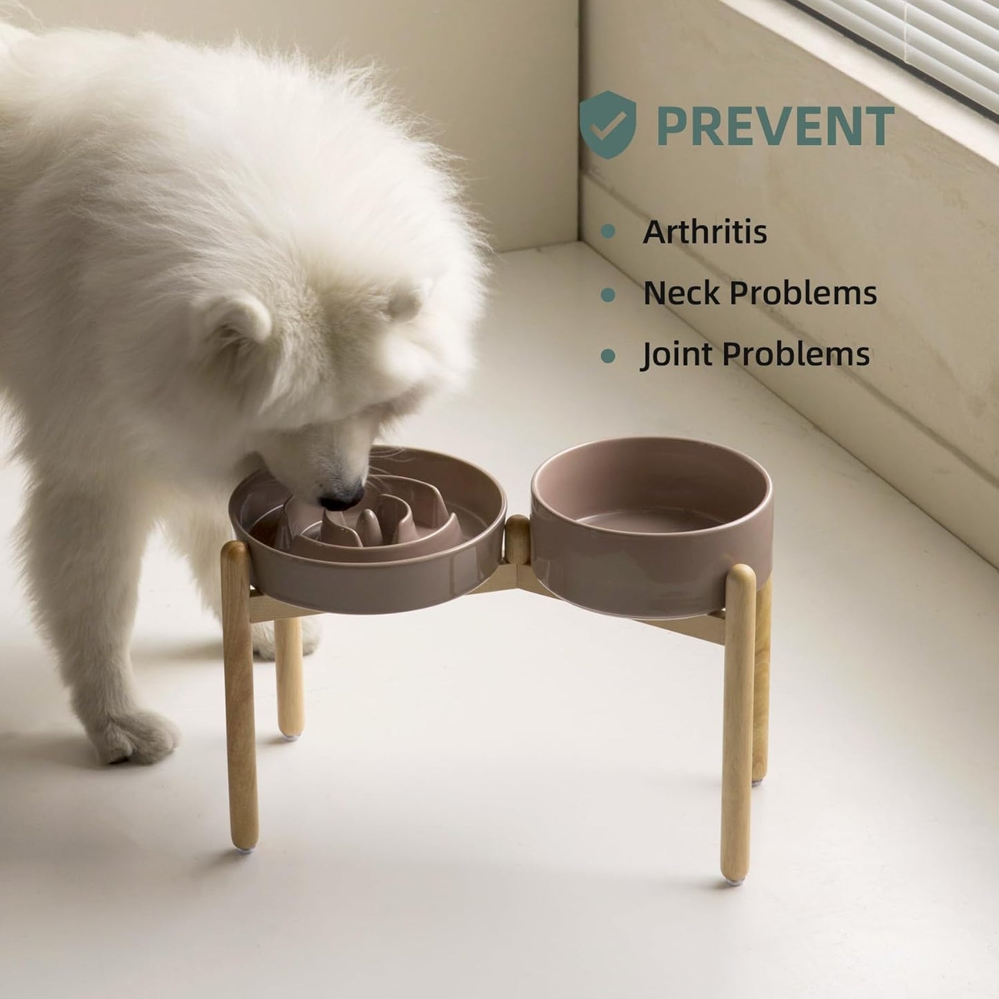 Ceramic Raised Slow Feeder Dog Bowl Set, Elevated 8.2inch Bowl and 9.5inch Puzzle Slow Food Dish with Wooden Stand for Large Dog, Anti-Gulping (2X Brown Coffee+ Stand)