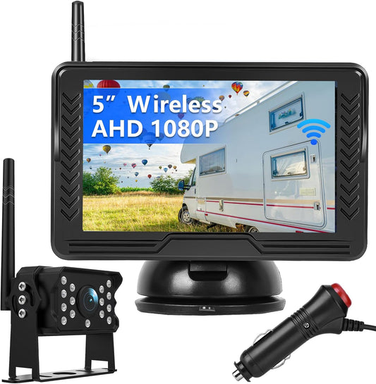 Wireless Reversing Camera System with 5 inch Split Screen, IP69K Waterproof Backup Camera with Night Vision, Support add 2nd Wireless Rear View Camera for Trailer, RV, Trucks, Farm Vehicle