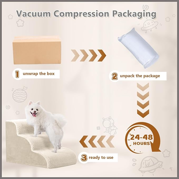 MIHIKK Dog Stairs Ramp, Curved 4-Step Dog Steps for Small Dogs and Cats, Pet Stairs for High Beds and Couch with Anti-Slip Washable Cover and Durable High Density Foam, Beige