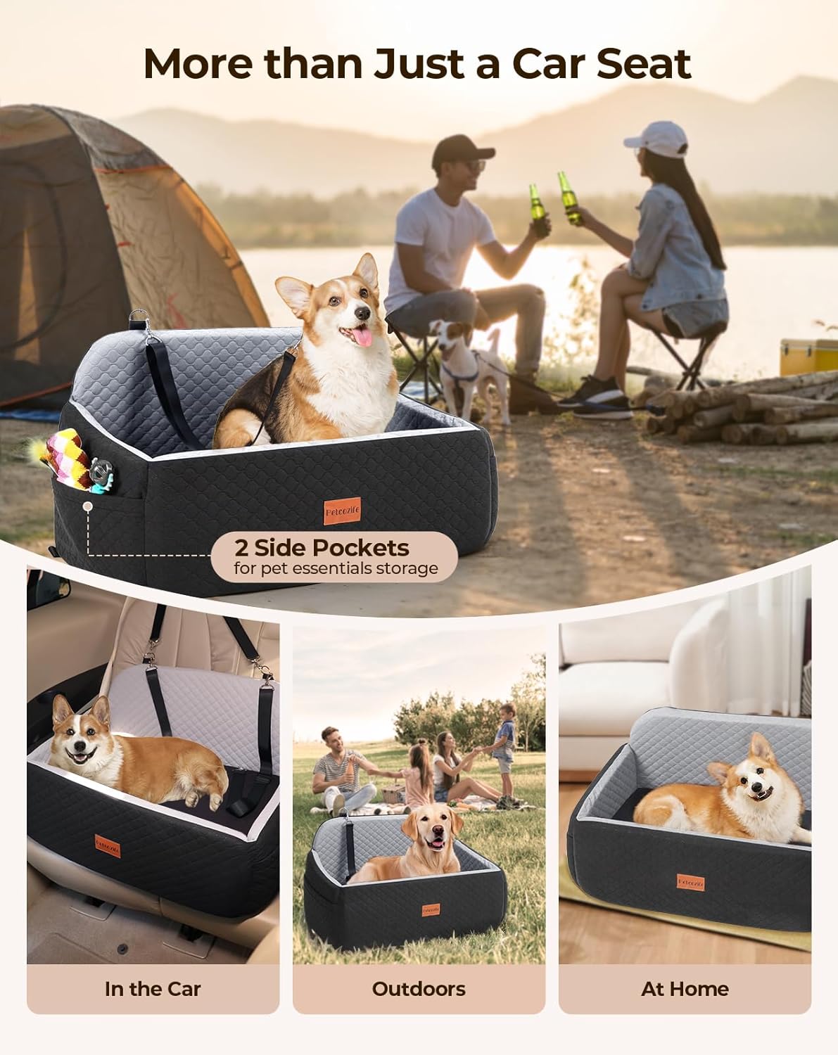 Dog Car Seat for Large Medium Dogs, Pet Car Seat Under 55 lbs or 2 Puppies, Removable Washable Pets Travel Booster Bed for Automotive Backseat with Comfy Thick Cushion, 2 Safety Leashes(Black/Gray)