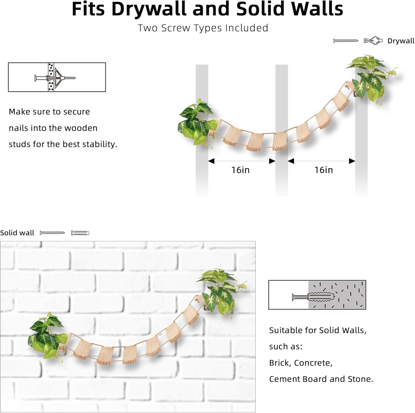 Meowoou Cat Bridge Wall Mounted, Rope Bridge for Climbing, Ladder for Indoor Cats, Cat Wall Furniture for Sleeping, Large Cats Steps Bed and Perches