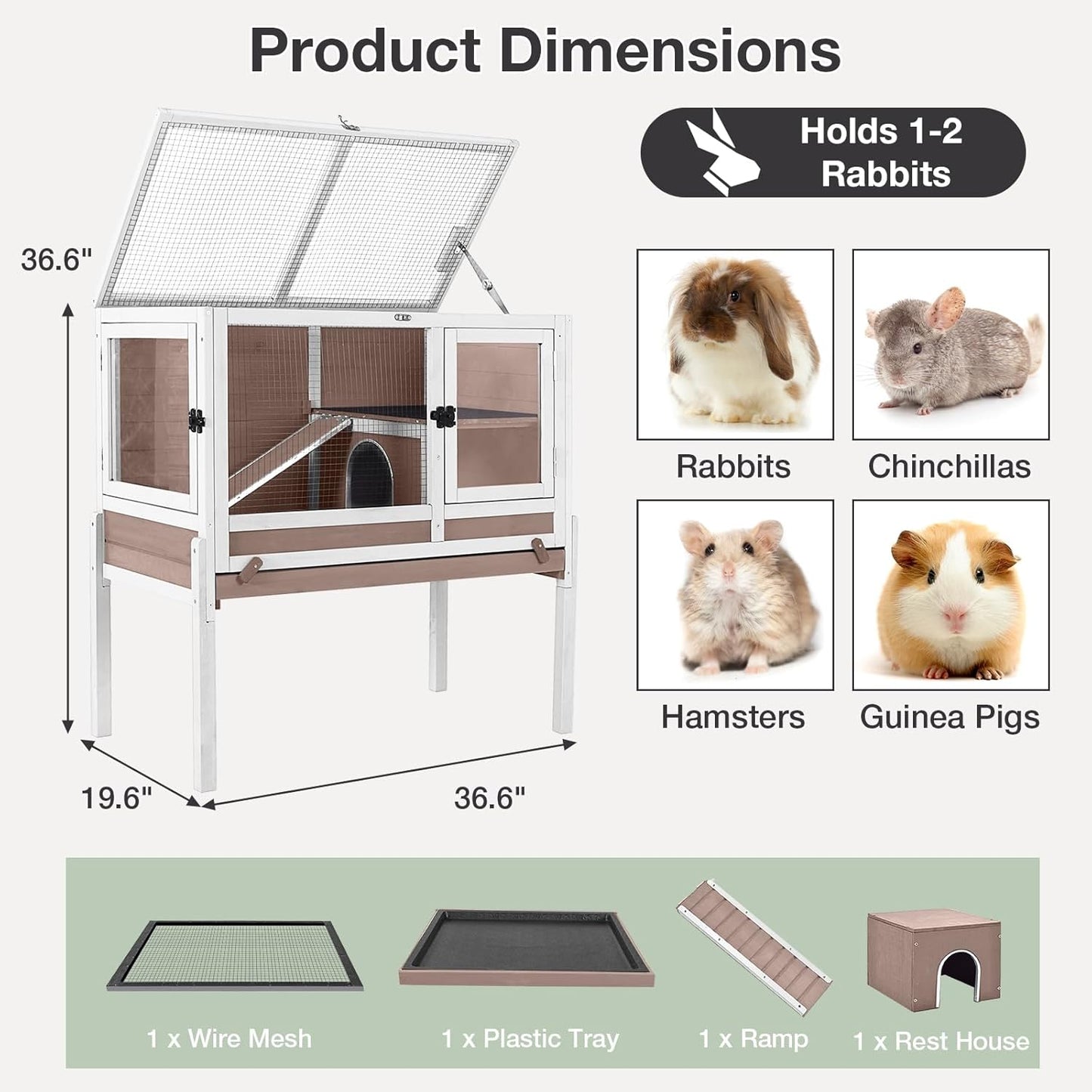 Guinea Pig Cage with Wooden Stand - Hamster Cage, Small Animal Cage Anti Chew Ramp, Hideout, Platform, Pull Out Tray (Brown, L)
