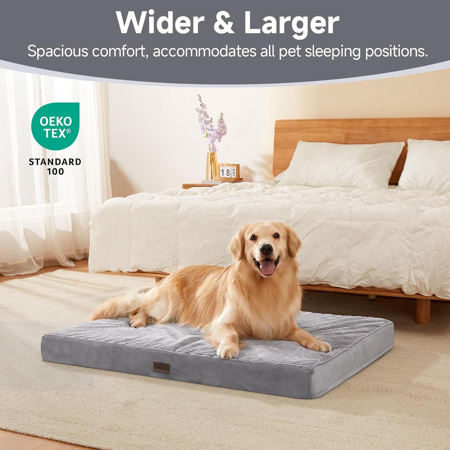 OhGeni Orthopedic Waterproof & Machine Washable Dog Bed for Medium Large Pets, Cat Mat with 25D Egg Crate Foam, Non-Slip Bottom & Removable Cover, Invisible Zipper, 44 Inches(Gray)
