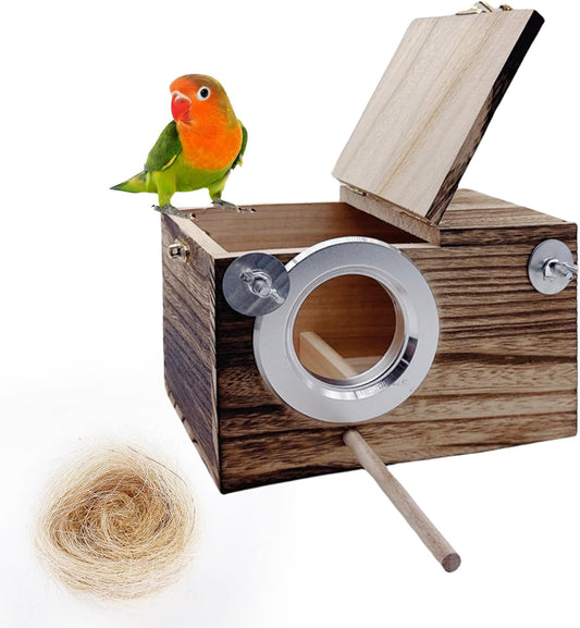 kathson Parrots Nesting Box Parakeet Nest House for Cage Budgie Breeding Hut with Coconut Fiber Bedding Wooden Bird Mating Box for Lovebirds and Small Parrot Birds