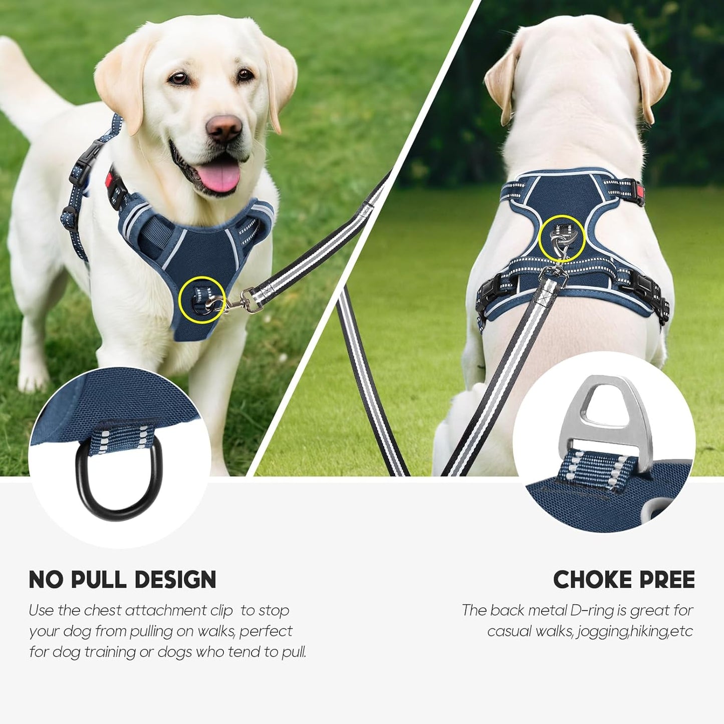 Timos Dog Harness Large Sized, No Pull Pet Harness with Neck Lockable Snap,No Choke Front Clip Dog Reflective Vest,Adjustable Metal Rings 3 Buckles,Easy Control Handle for Large Dogs Royal Blue L