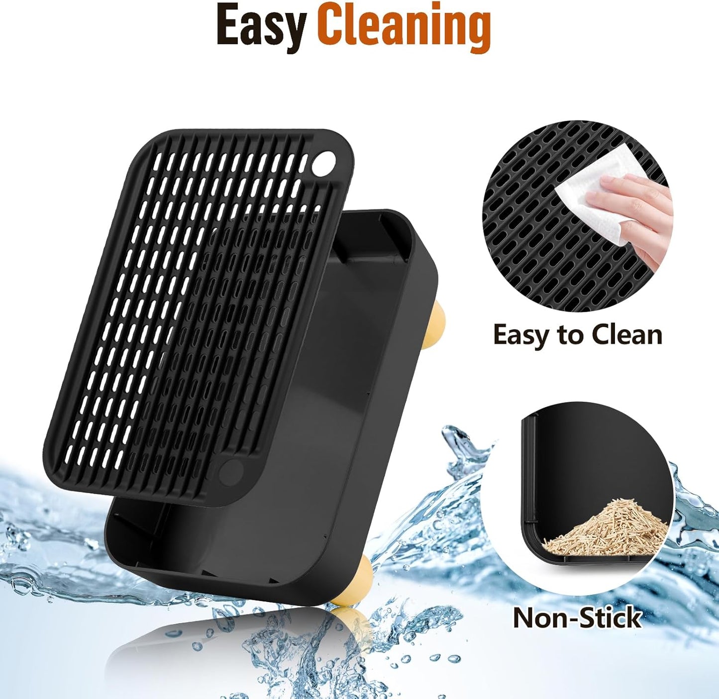 Cat Litter Box Step Ramp, Cat Litter Catcher Mat with Wooden Feet, Filter Function, Cat Pedal Stool for Self-Cleaning Cat Litter Box, Ideal for Kitten & Elderly Cats (Black)