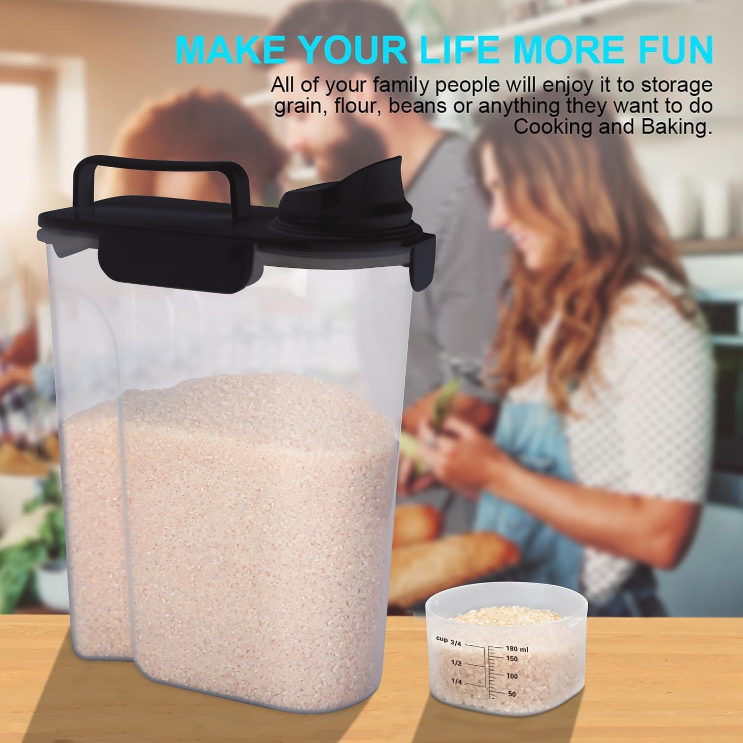 Rice Airtight Dry Food Storage Containers 10Lbs, BPA Free Plastic Storage Bin Dispenser with Pourable Spout, Portable Handle, Kitchen Pantry Organization for Cereal, Flour and Beans Dark Grey