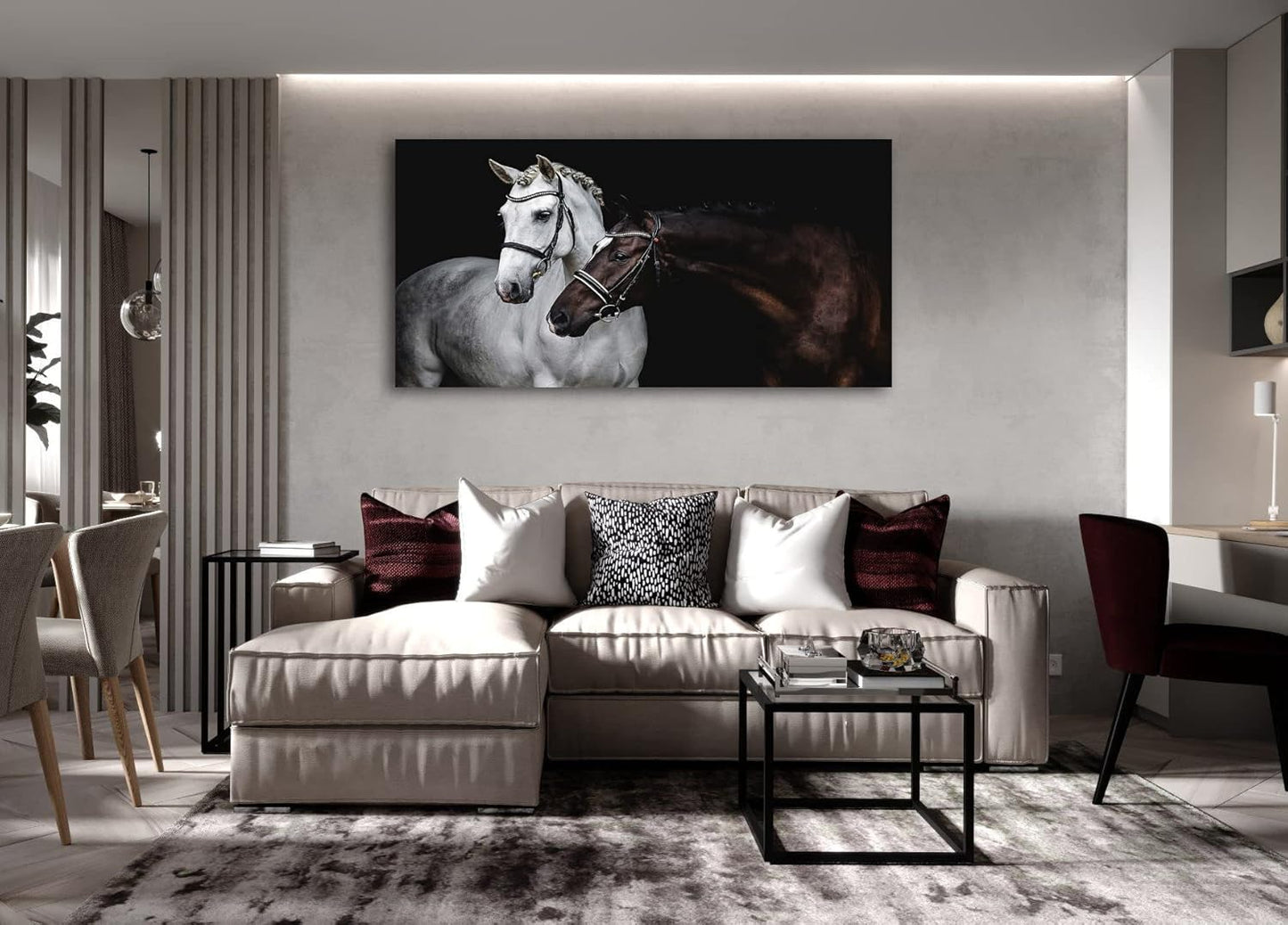 Jiuqinghua Wall Art Canvas Print Picture White and Brown Horses 1 Panel Wild Animal Painting Artwork for Living Room Bedroom Office Home Wall Decor Stretched and Framed Ready to Hang 24x48inches