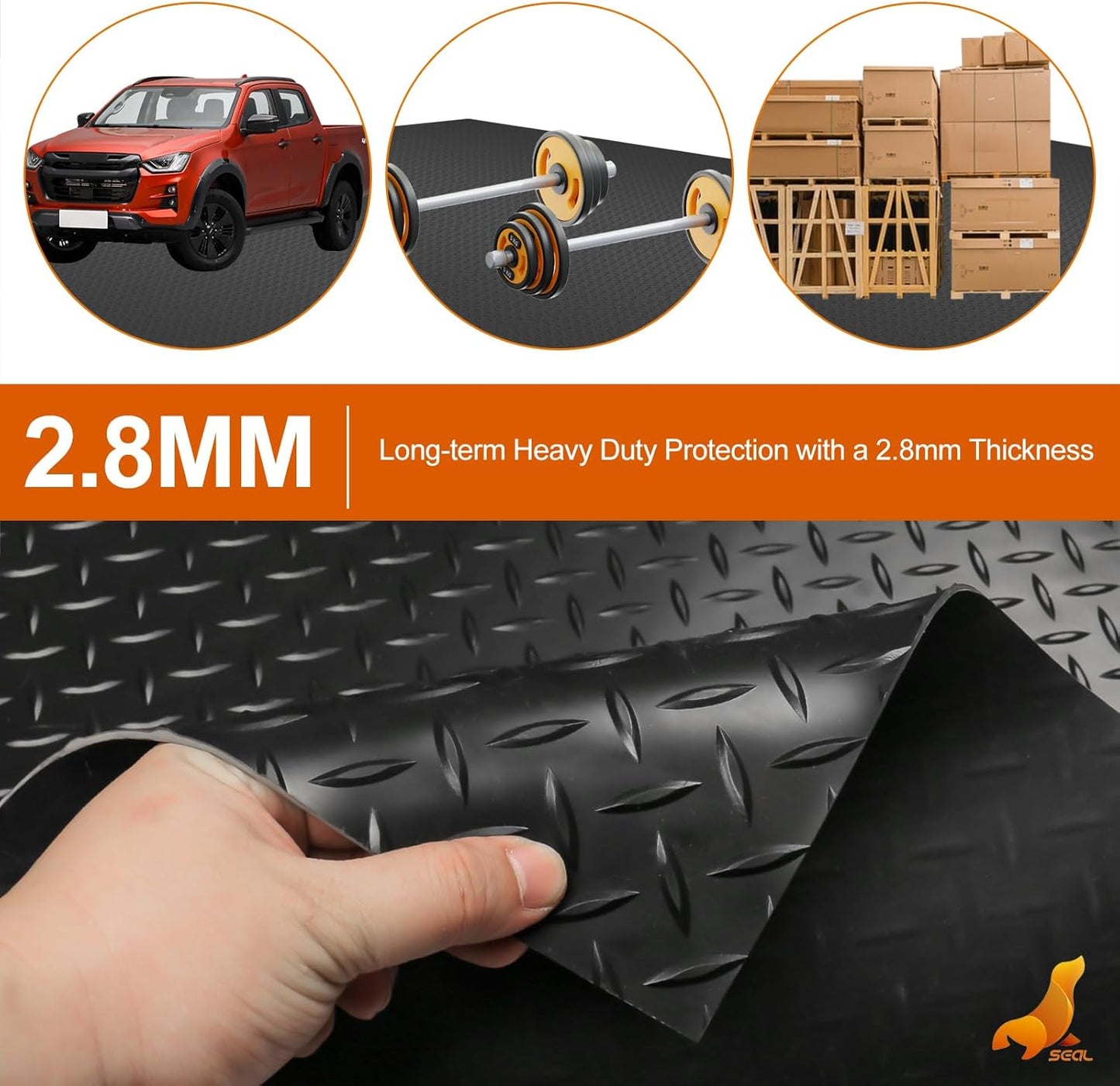 SEAL 4 x 8 Ft Premium Garage Floor Mat, Solid 2.8mm Thickened Black Commercial Grade Heavy Duty Parking Mat for Garage Floor, Golf Cart, Water/Stain Resistant Floor Runner (Embossed Diamond Plate)