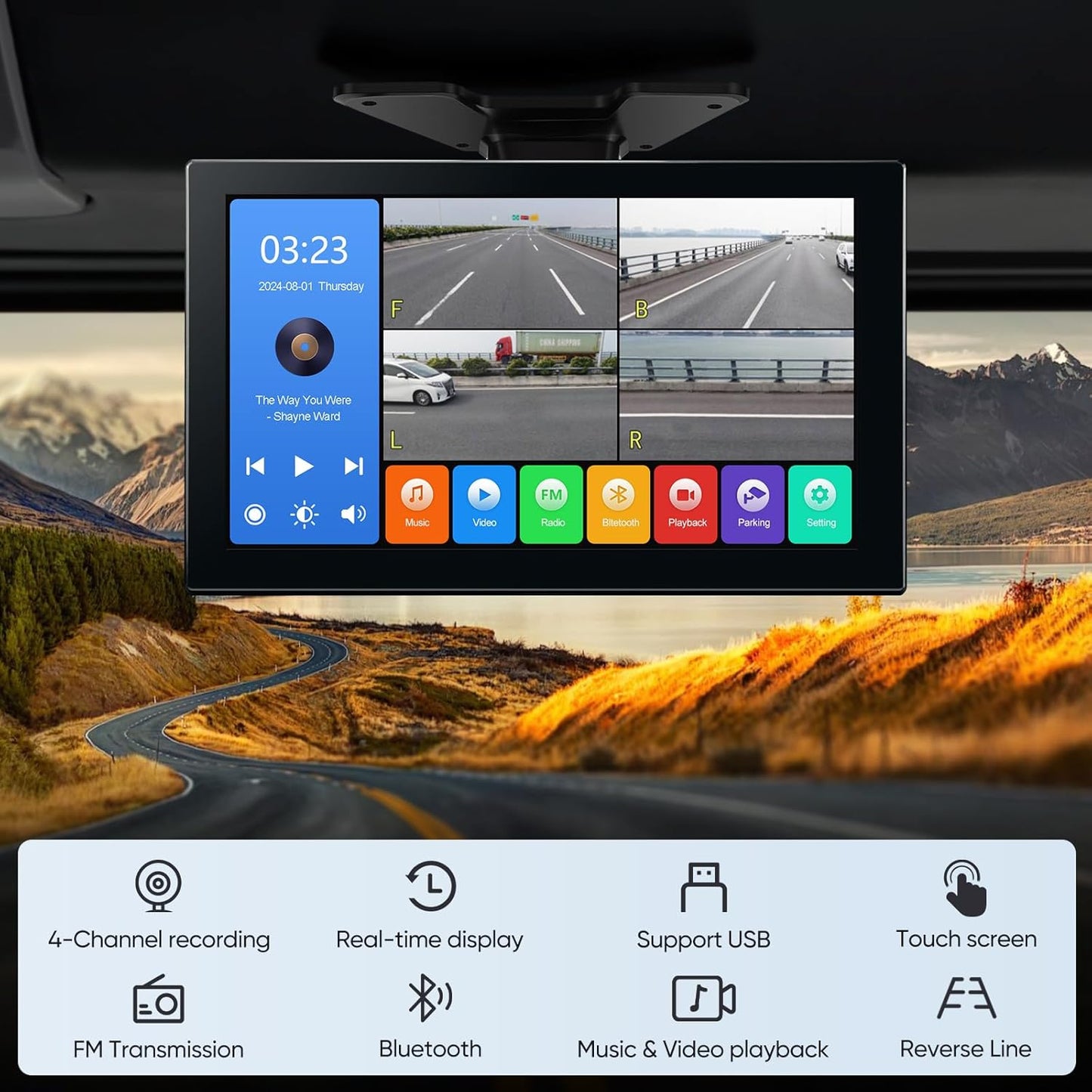 4-Channel 1080P Backup Camera for Truck/RV/Semi Trailer/Van/Cars 10.2inch Touch Monitor with DVR Recording/Playback/Bluetooth/FM Radio/Music/Video Player