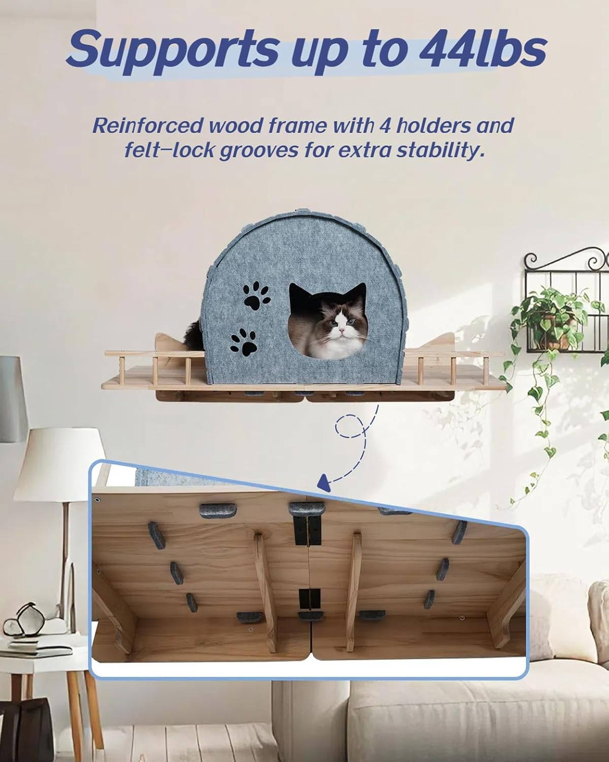 Wall Mounted Felt Cat Bed – Modern Cats Shelf with Wooden Base & 4 Holders, Space-Saving Cat Perch for Indoor Cats, Minimalist Wall Cat Furniture for Resting & Lounging,Gray