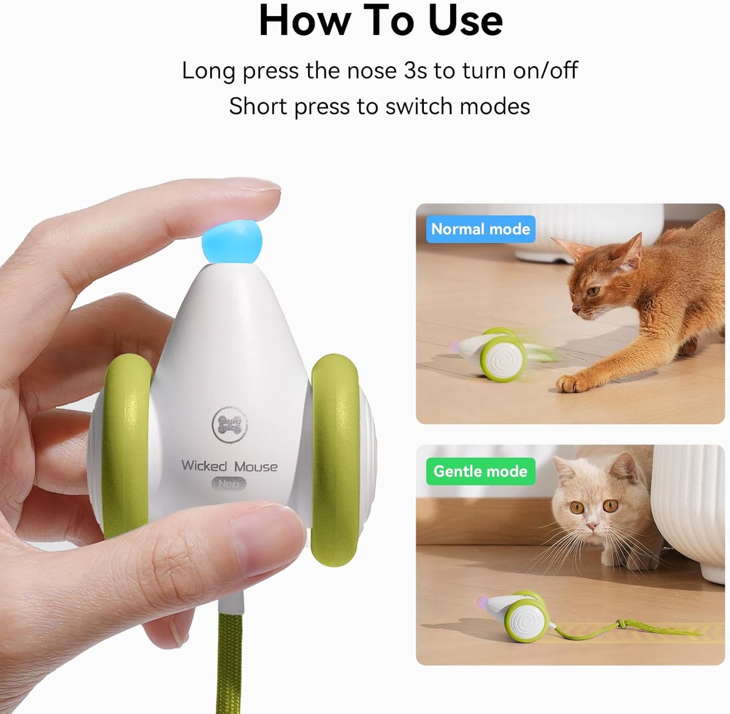 Cheerble Interactive Cat Toys for Indoor Cats, Automatic Moving Kitten Toys, Wicked Mouse Neo Cat Toy with Tail & Lights, Pet Cat Supplies, Rechargeable Cat Toys for Bored Indoor Adult Cats,Green