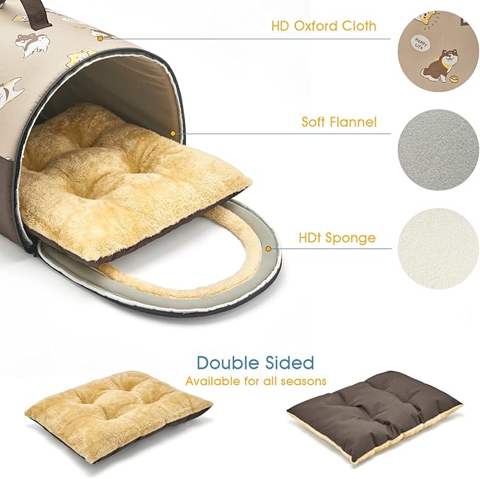 Jiupety Indoor Dog House, 2 in 1 Portable Foldable House Bed with Cover, Pet Tent & Cave Bed for Cats and Small Dogs, M(18"×14"×13"), Up to 9 Lb, Brown